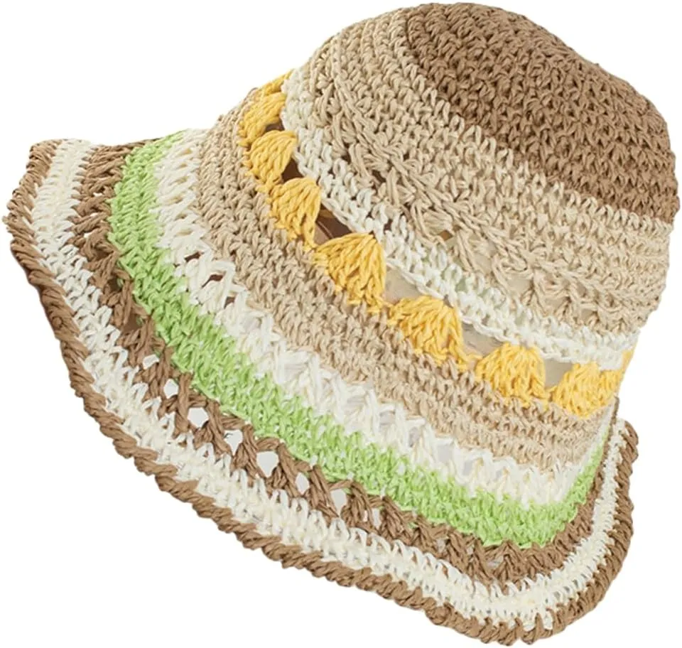 Straw Bucket Hats for Women Chic Color Blocked Sun Hats Wide Brim Crochet Skull Caps Summer Vacation Essential Beanies
