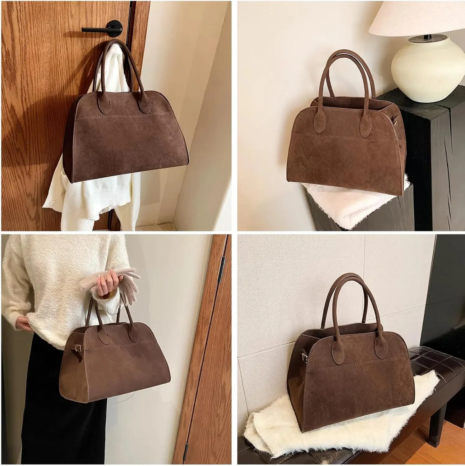 Suede Tote Bag for Women, Womens Purse Slouchy Hobo Handbag Brown Retro Top Handle Bag, Fashion Shoulder Satchel Work Bags