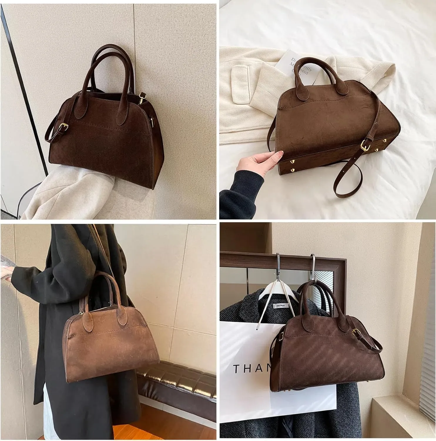 Suede Tote Bag for Women, Womens Purse Slouchy Hobo Handbag Brown Retro Top Handle Bag, Fashion Shoulder Satchel Work Bags