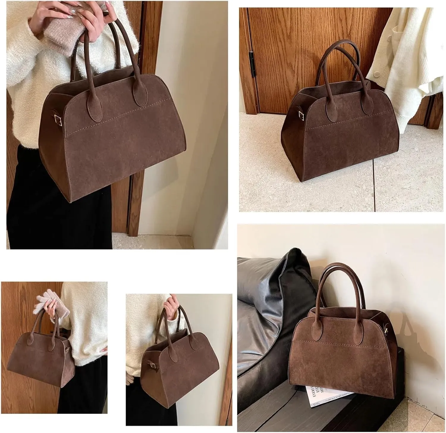 Suede Tote Bag for Women, Womens Purse Slouchy Hobo Handbag Brown Retro Top Handle Bag, Fashion Shoulder Satchel Work Bags