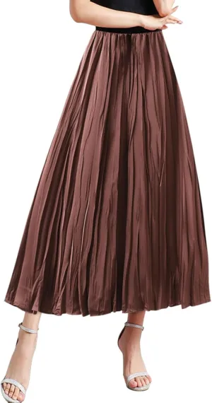 Summer Pleated Midi Skirts for Women Casual High Waisted Solid Color Flowy A Line Swing Long Skirt