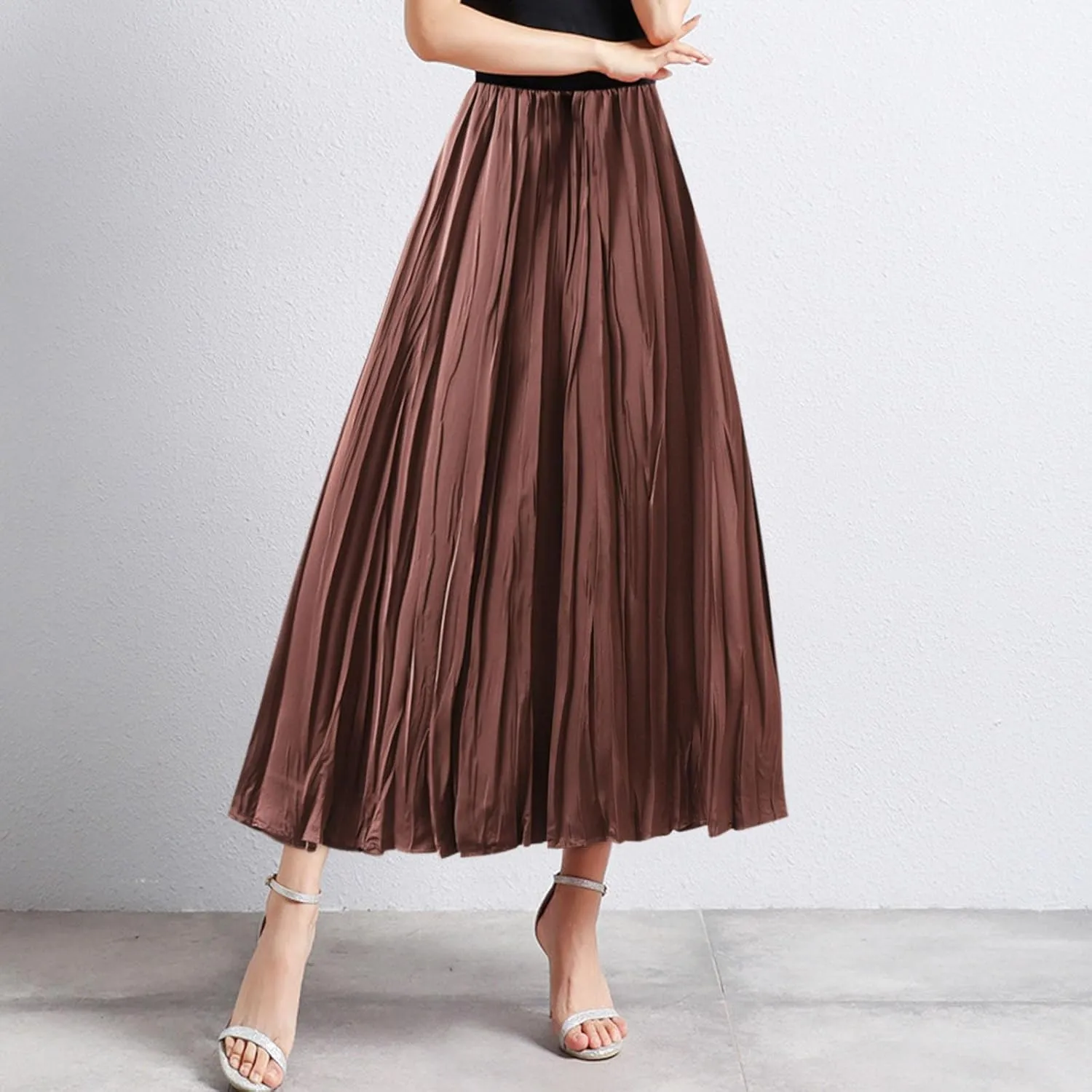 Summer Pleated Midi Skirts for Women Casual High Waisted Solid Color Flowy A Line Swing Long Skirt