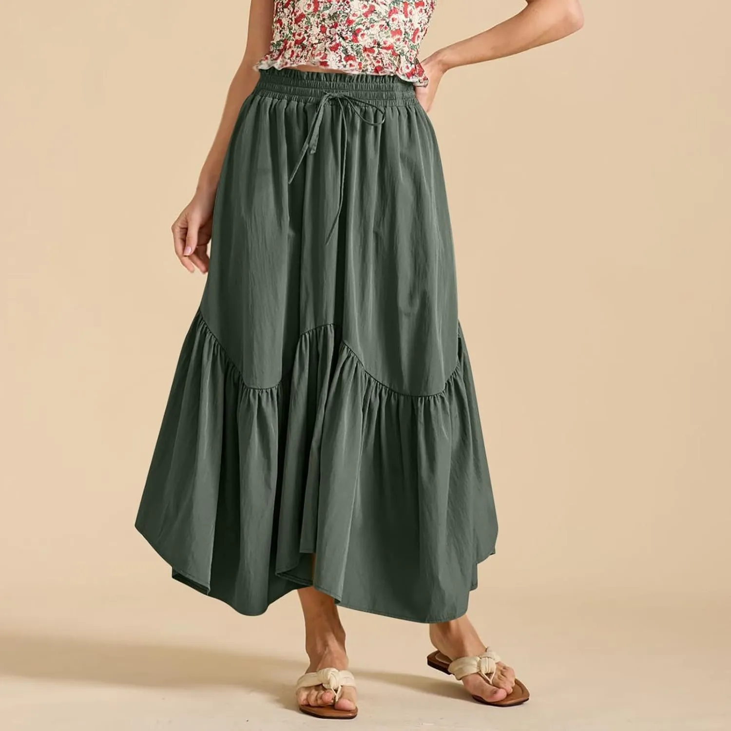 Summer Skirts for Women Asymmetrical Hem Pleated A-Line Dress Elastic Waist Drawstring Flowy Vacation Beach Maxi Skirt