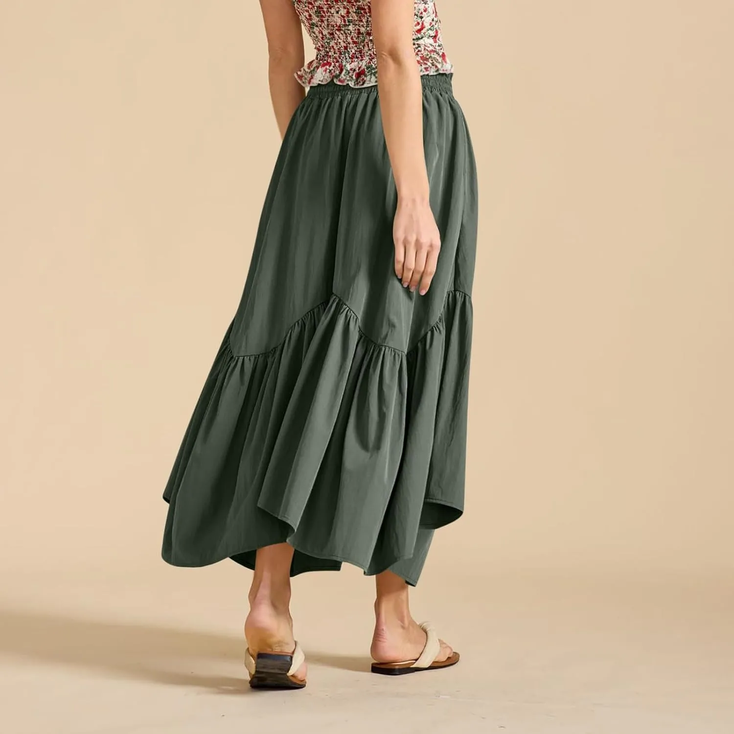 Summer Skirts for Women Asymmetrical Hem Pleated A-Line Dress Elastic Waist Drawstring Flowy Vacation Beach Maxi Skirt