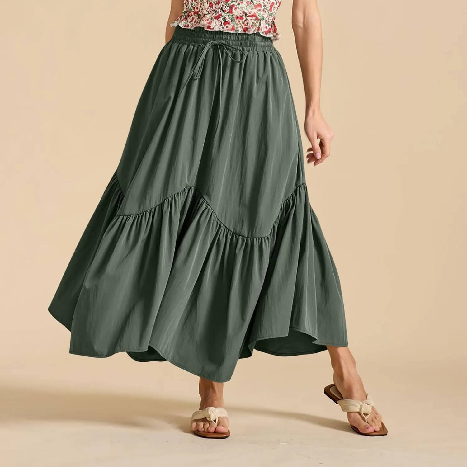 Summer Skirts for Women Asymmetrical Hem Pleated A-Line Dress Elastic Waist Drawstring Flowy Vacation Beach Maxi Skirt