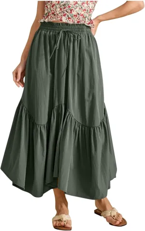 Summer Skirts for Women Asymmetrical Hem Pleated A-Line Dress Elastic Waist Drawstring Flowy Vacation Beach Maxi Skirt