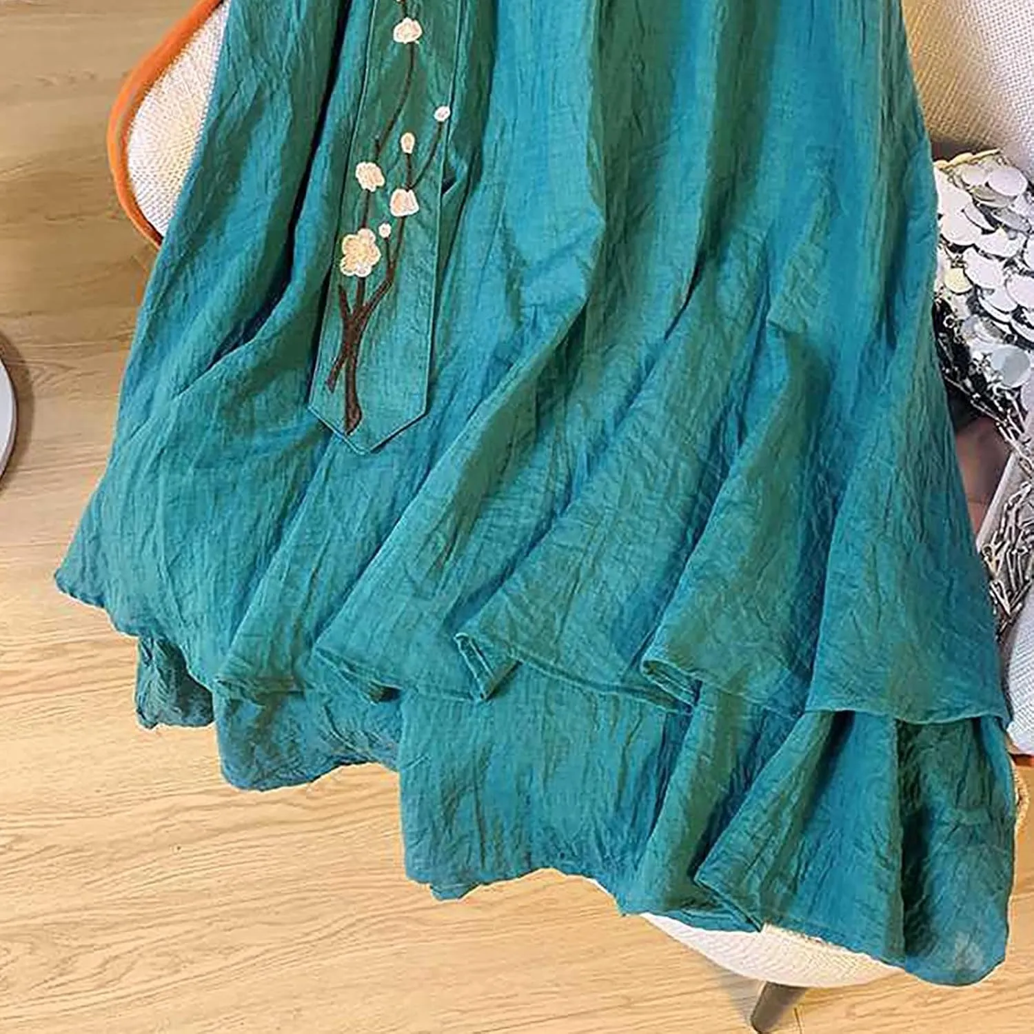 Summer Skirts for Women Causal Elastic Waist Embroidered Asymmetric Hem Maxi Skirt Cotton Linen Ruffle Beach Skirts