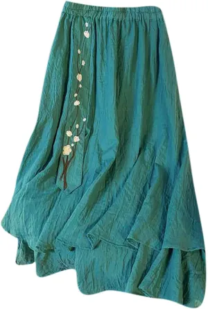 Summer Skirts for Women Causal Elastic Waist Embroidered Asymmetric Hem Maxi Skirt Cotton Linen Ruffle Beach Skirts
