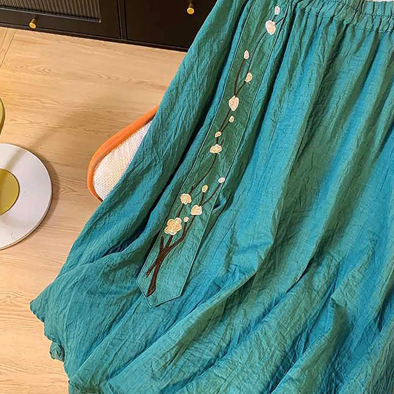 Summer Skirts for Women Causal Elastic Waist Embroidered Asymmetric Hem Maxi Skirt Cotton Linen Ruffle Beach Skirts