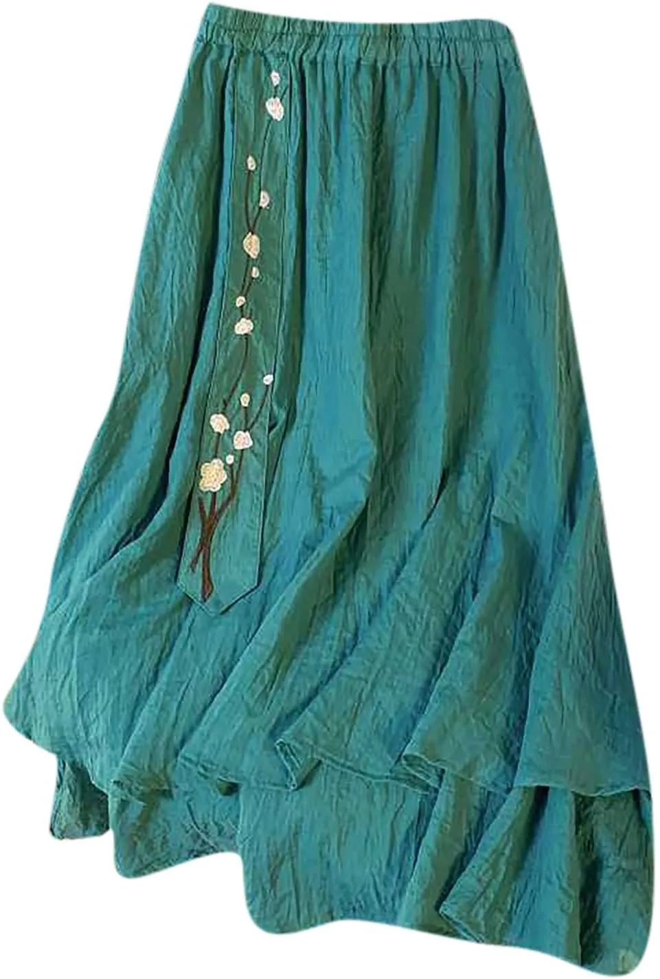 Summer Skirts for Women Causal Elastic Waist Embroidered Asymmetric Hem Maxi Skirt Cotton Linen Ruffle Beach Skirts