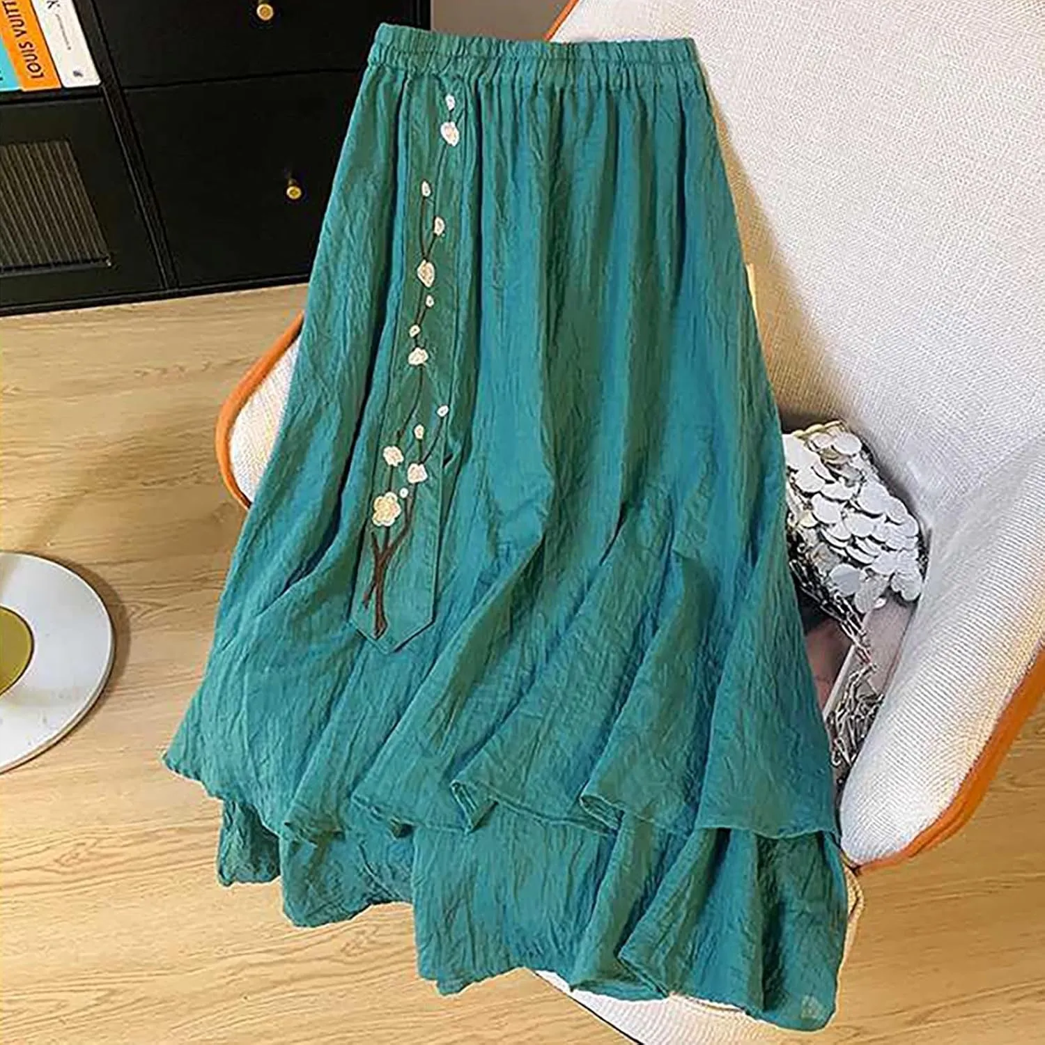 Summer Skirts for Women Causal Elastic Waist Embroidered Asymmetric Hem Maxi Skirt Cotton Linen Ruffle Beach Skirts