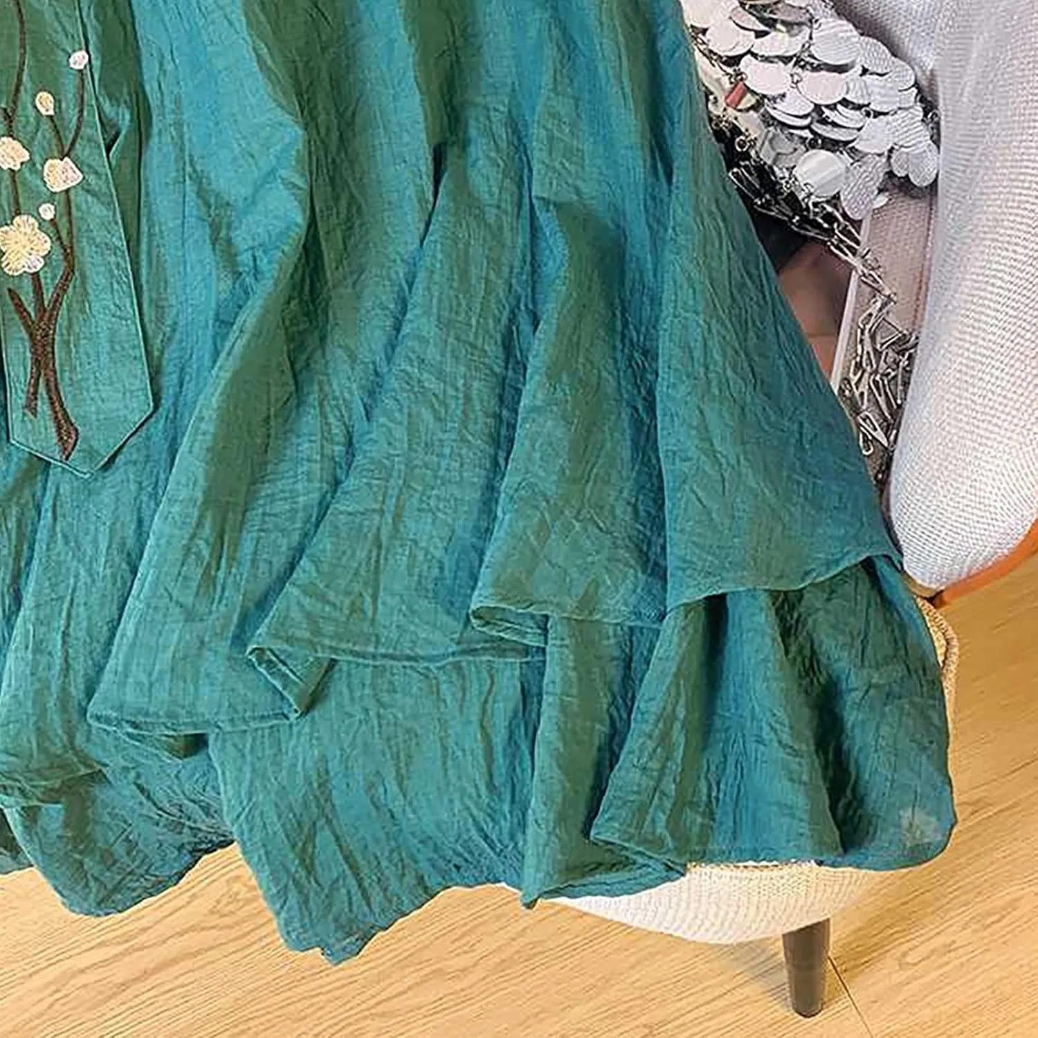 Summer Skirts for Women Causal Elastic Waist Embroidered Asymmetric Hem Maxi Skirt Cotton Linen Ruffle Beach Skirts