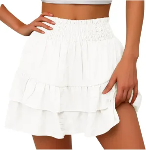Summer Skirts for Women Pleated Elastic Waist Layered Ruffle Mini Skirt Casual Lightweight Active Skirts