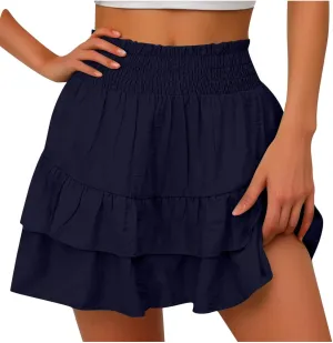 Summer Skirts for Women Pleated Elastic Waist Layered Ruffle Mini Skirt Casual Lightweight Active Skirts