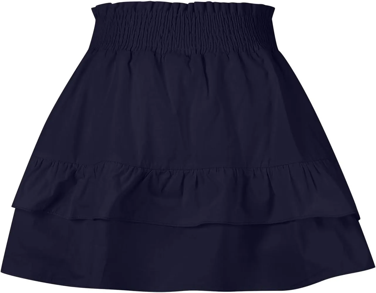 Summer Skirts for Women Pleated Elastic Waist Layered Ruffle Mini Skirt Casual Lightweight Active Skirts