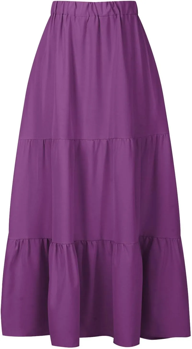 Summer Skirts Women 2025 Tiered Long Skirts Elastic Waisted Casual Skirts Solid A Line Boho Skirts Flowy Beach Skirt
