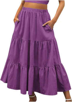 Summer Skirts Women 2025 Tiered Long Skirts Elastic Waisted Casual Skirts Solid A Line Boho Skirts Flowy Beach Skirt