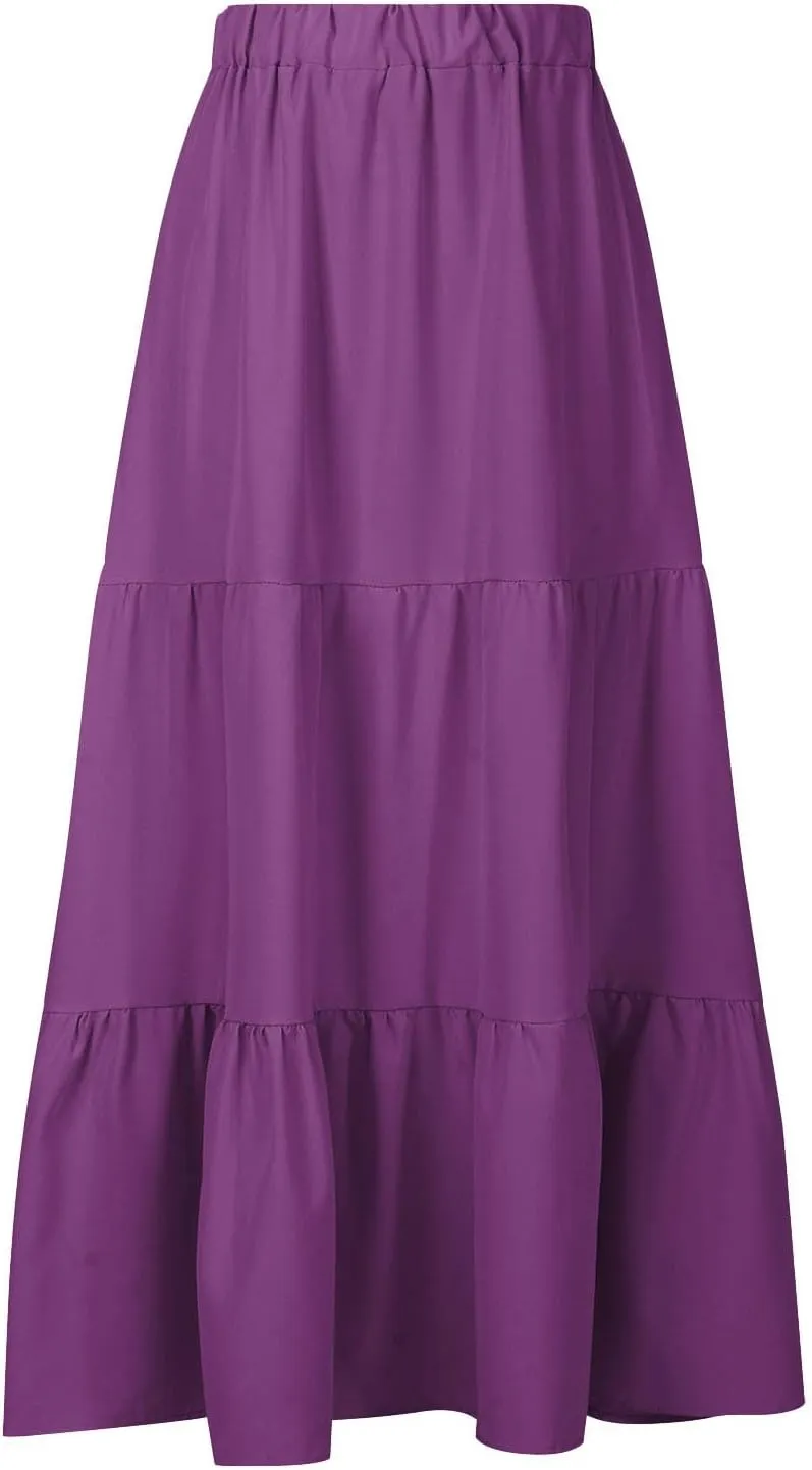 Summer Skirts Women 2025 Tiered Long Skirts Elastic Waisted Casual Skirts Solid A Line Boho Skirts Flowy Beach Skirt