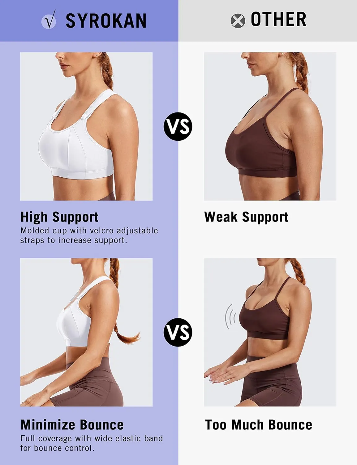 SYROKAN Women's Sports Bra Front Adjustable High Impact Support Padded Wireless Racerback Plus Size Running Bra