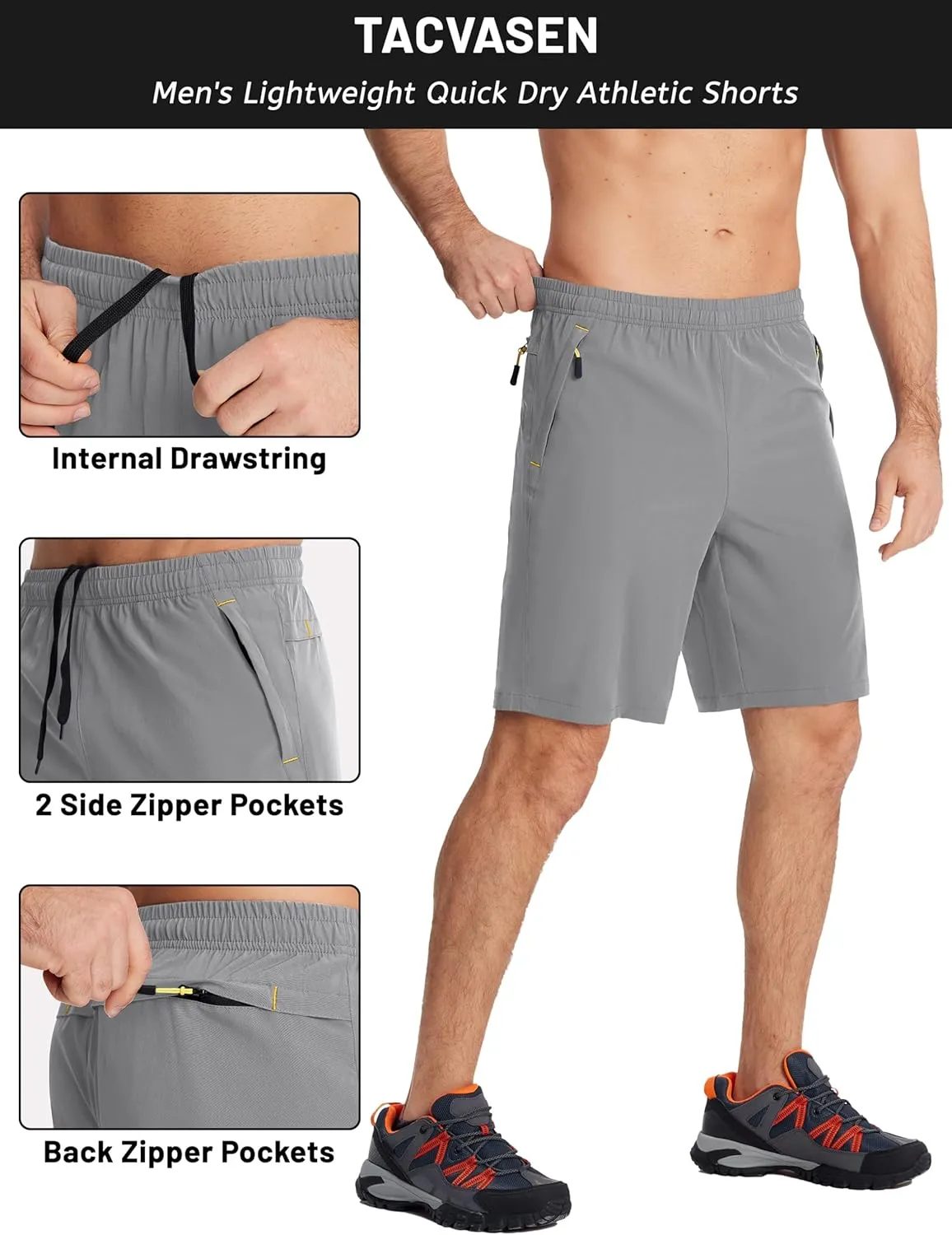 TACVASEN Men's Running Athletic Shorts 9" Quick Dry Workout Gym Shorts Lightweight Summer Shorts 3 Zipper Pockets