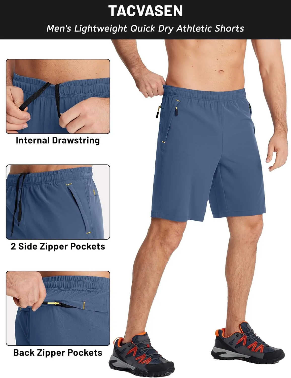 TACVASEN Men's Running Athletic Shorts 9" Quick Dry Workout Gym Shorts Lightweight Summer Shorts 3 Zipper Pockets