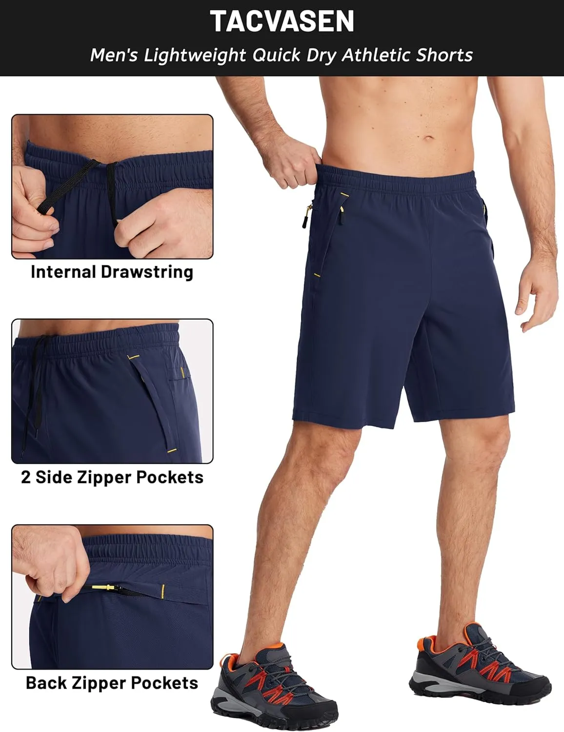 TACVASEN Men's Running Athletic Shorts 9" Quick Dry Workout Gym Shorts Lightweight Summer Shorts 3 Zipper Pockets