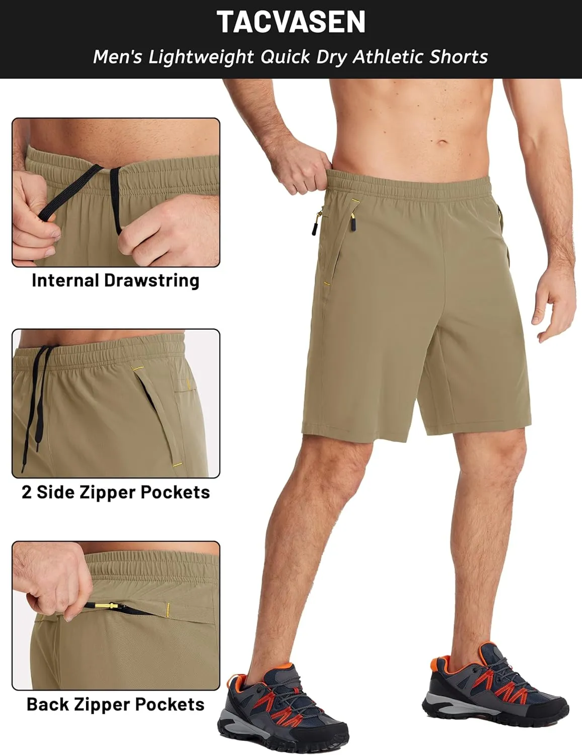 TACVASEN Men's Running Athletic Shorts 9" Quick Dry Workout Gym Shorts Lightweight Summer Shorts 3 Zipper Pockets