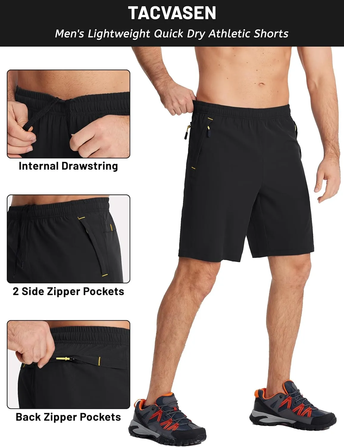 TACVASEN Men's Running Athletic Shorts 9" Quick Dry Workout Gym Shorts Lightweight Summer Shorts 3 Zipper Pockets