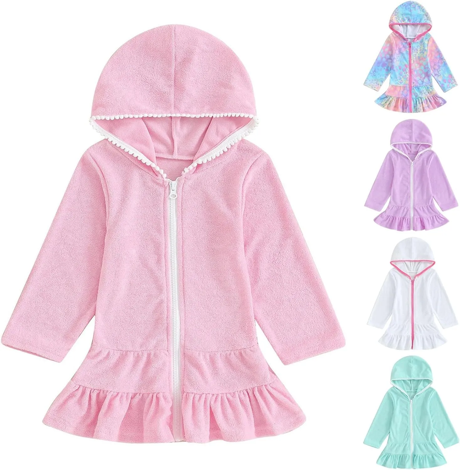 Toddler Girls Swim Cover Up Long Sleeve Swimsuit Ruffle Bathing Suit Zipper Hooded Beach Towel Swimwear Terry Cloth
