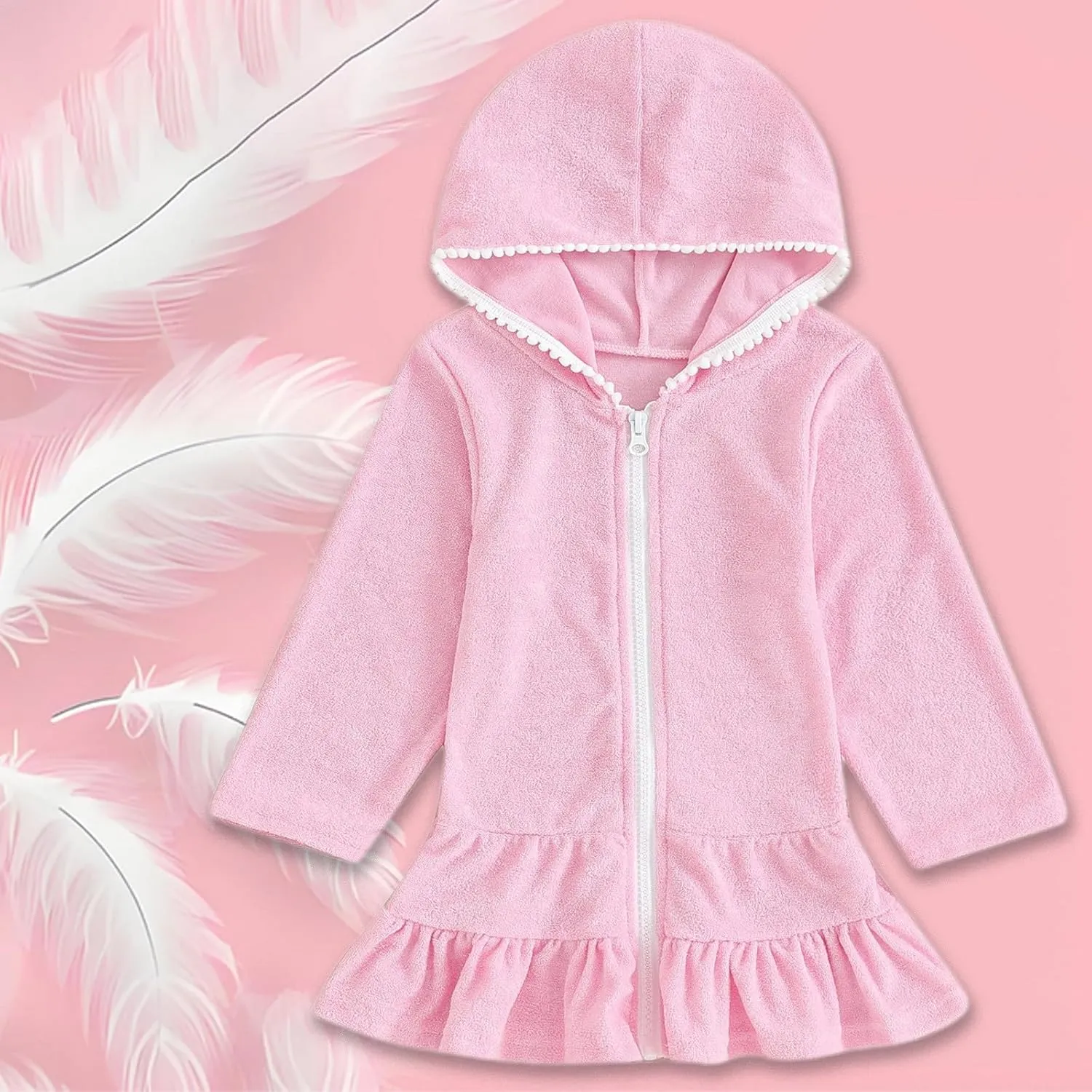 Toddler Girls Swim Cover Up Long Sleeve Swimsuit Ruffle Bathing Suit Zipper Hooded Beach Towel Swimwear Terry Cloth