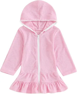Toddler Girls Swim Cover Up Long Sleeve Swimsuit Ruffle Bathing Suit Zipper Hooded Beach Towel Swimwear Terry Cloth