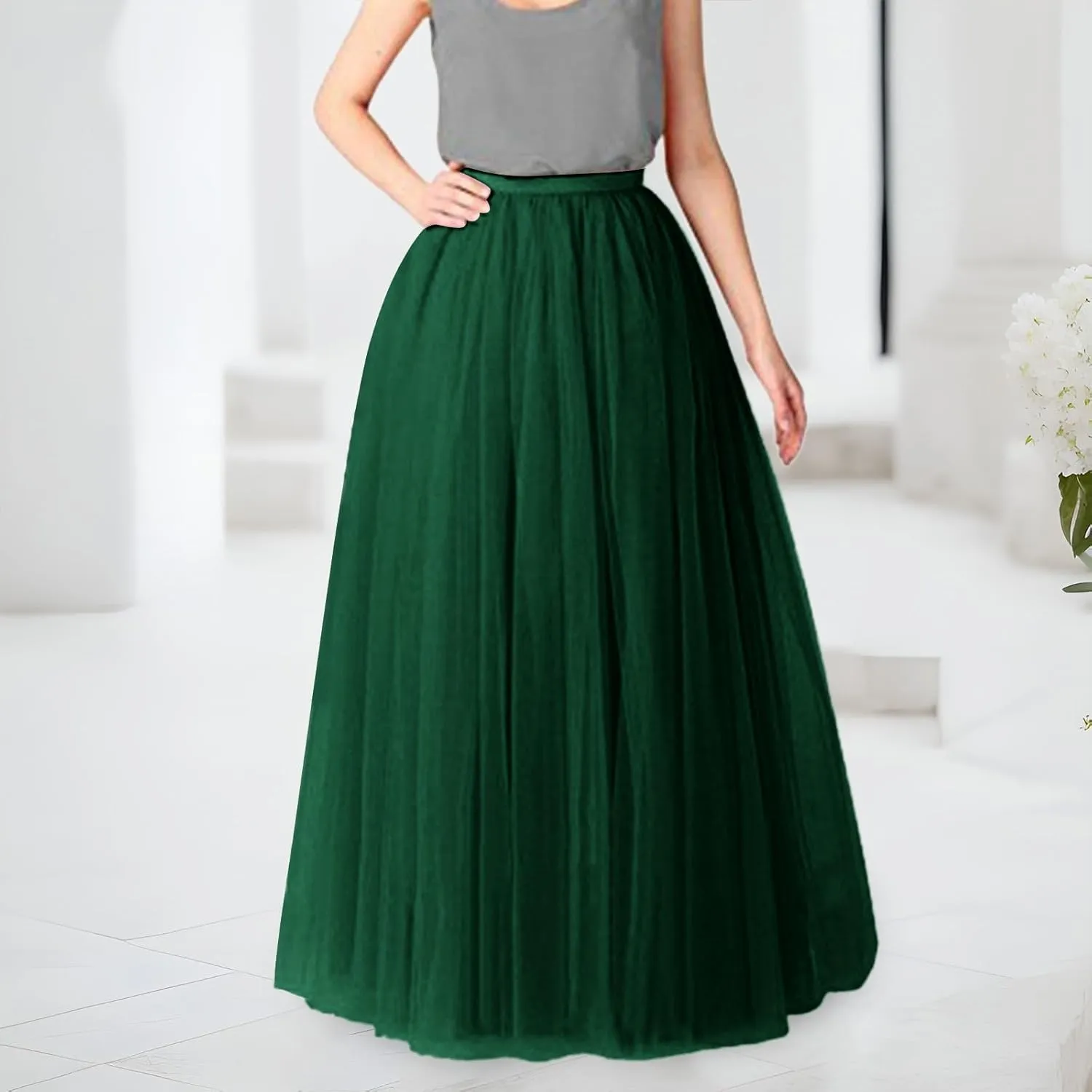 Tulle A-Line Maxi Skirts for Women Elastic Waisted Swing Tiered Mesh Pleated Long Skirt for Dancing