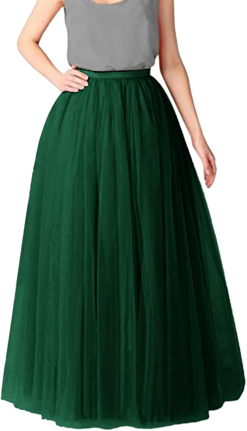 Tulle A-Line Maxi Skirts for Women Elastic Waisted Swing Tiered Mesh Pleated Long Skirt for Dancing