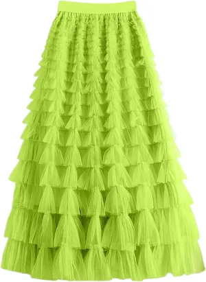 Tulle Maxi Skirts for Women 2025 Summer Elastic High Waisted Flowy Swing Tiered Mesh Long Skirt