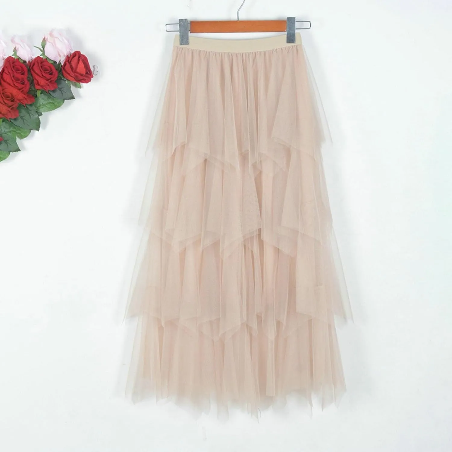 Tulle Maxi Skirts for Women Summer Elastic Waisted Pleated Tiered Flowy Asymmetrical Skirt for Vacation