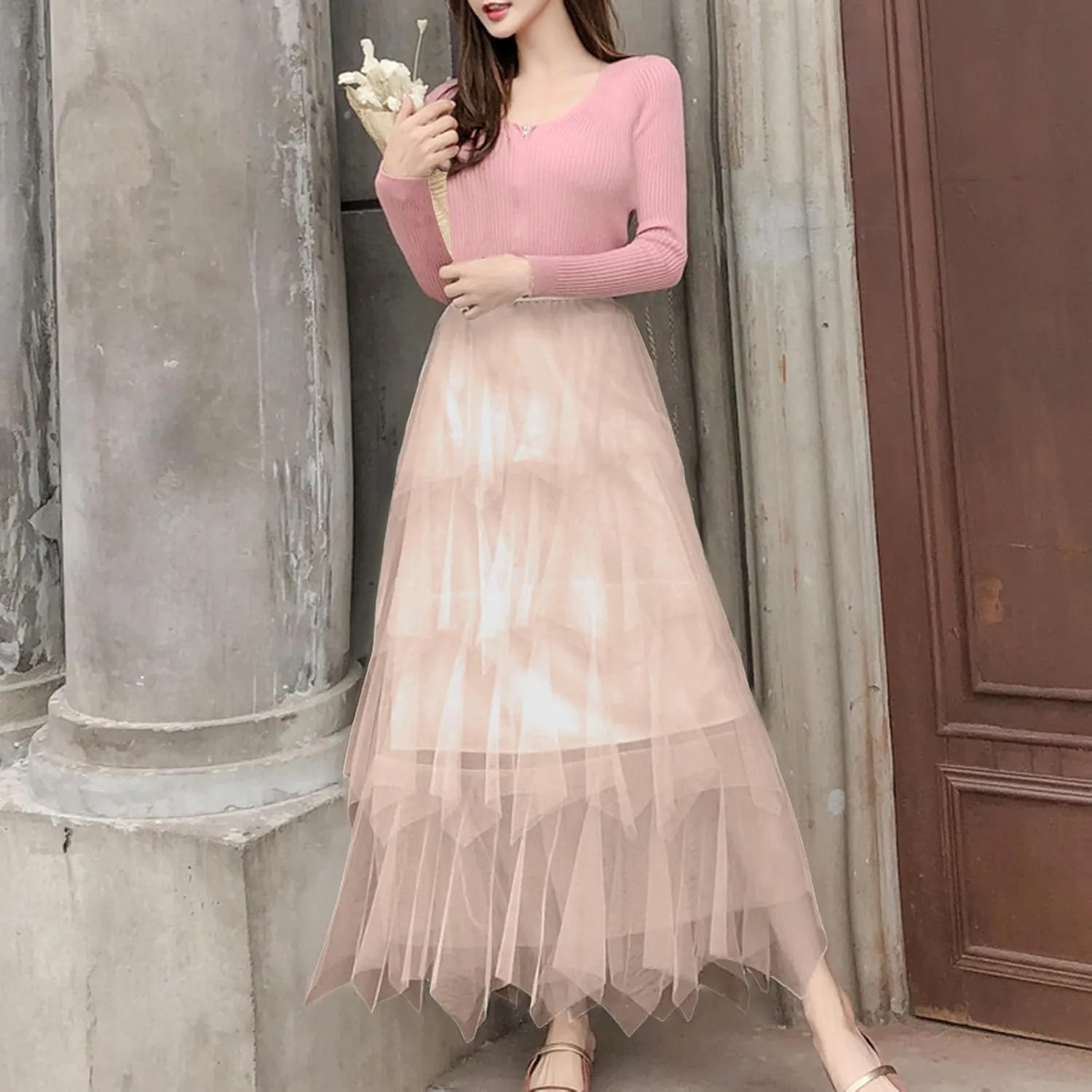 Tulle Maxi Skirts for Women Summer Elastic Waisted Pleated Tiered Flowy Asymmetrical Skirt for Vacation