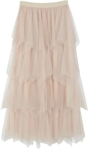 Tulle Maxi Skirts for Women Summer Elastic Waisted Pleated Tiered Flowy Asymmetrical Skirt for Vacation