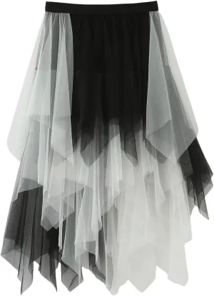 Tulle Midi Skirts for Women High Waisted Flowy Swing A Line Patchwork Asymmetrical Tiered Skirt
