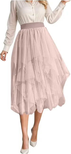 Tulle Skirts for Women Midi Length Summer Pleated Tiered Flowy Asymmetrical Skirt Elastic High Waisted Vacation Mesh Skirts
