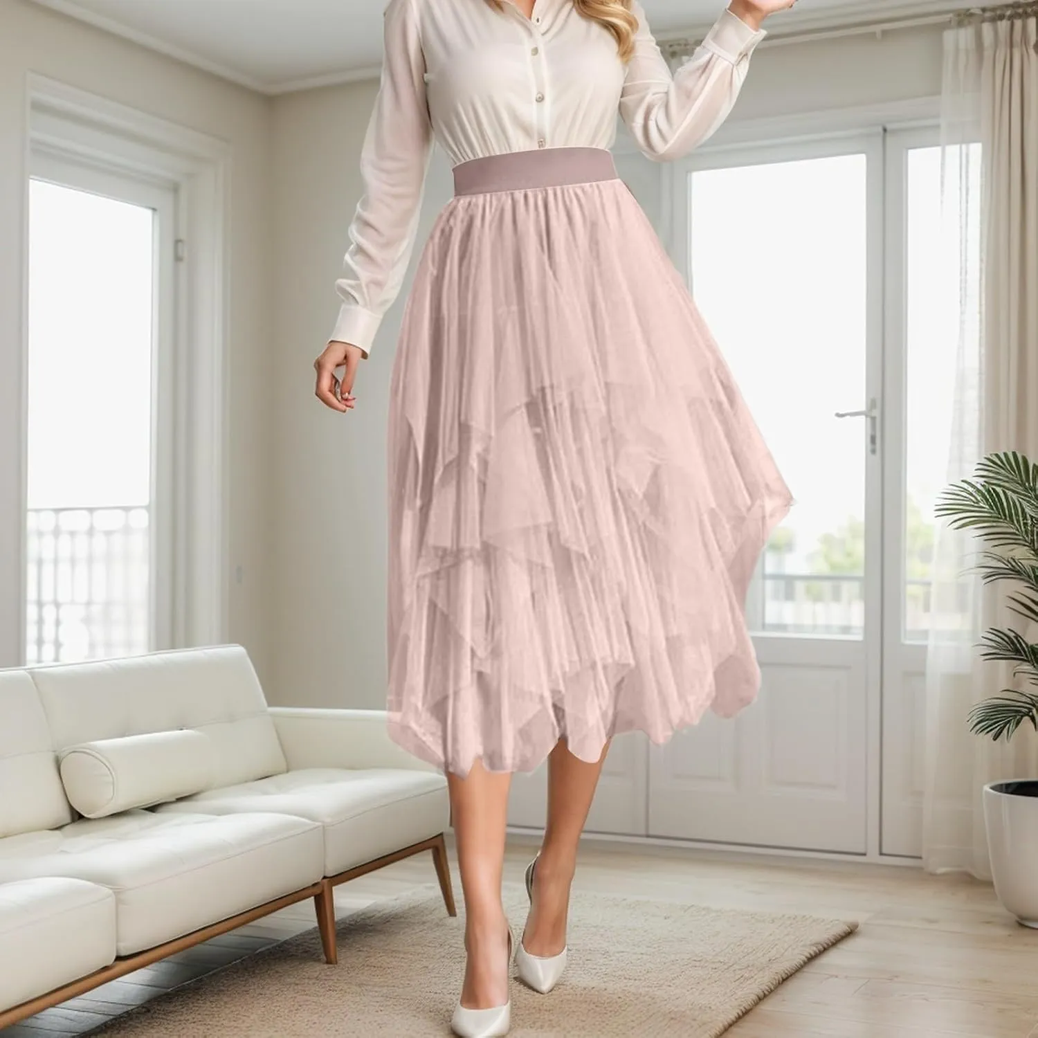 Tulle Skirts for Women Midi Length Summer Pleated Tiered Flowy Asymmetrical Skirt Elastic High Waisted Vacation Mesh Skirts