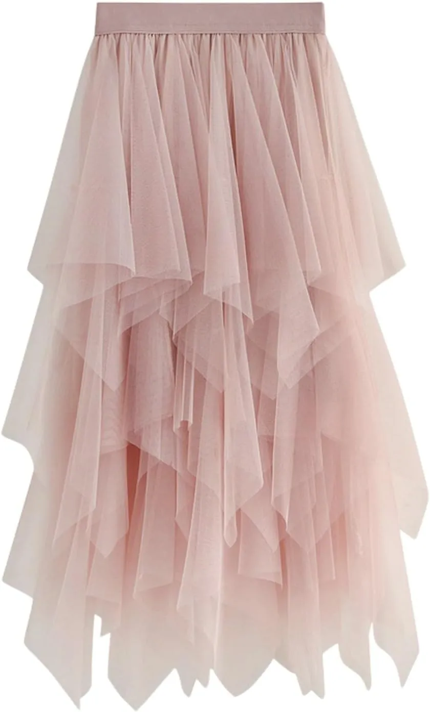 Tulle Skirts for Women Midi Length Summer Pleated Tiered Flowy Asymmetrical Skirt Elastic High Waisted Vacation Mesh Skirts