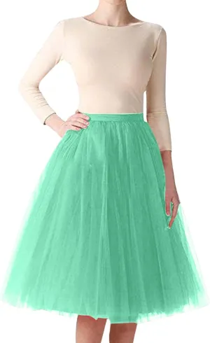 Tutu Skirts for Women Midi Length Elastic Waisted A-Line Pleated Tulle Skirt for Dancing
