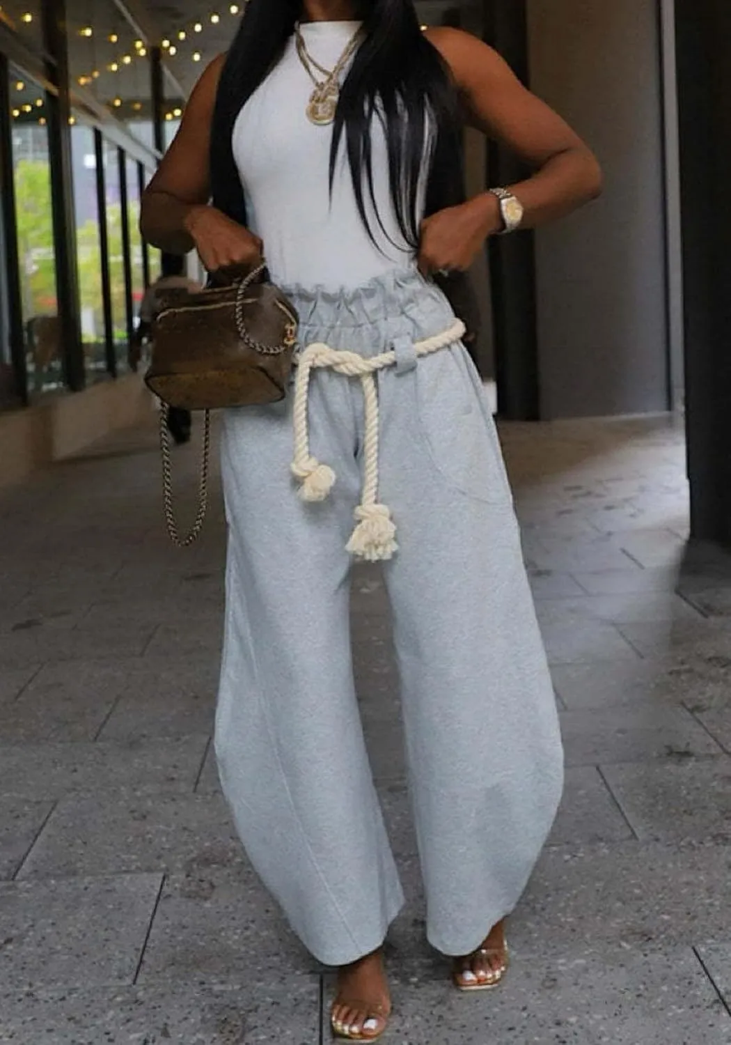 Unybwonn Women High Waist Barrel Sweatpants Wide Leg Casual Streetwear Track Jogger Pants with Waist Rope Tie Belt