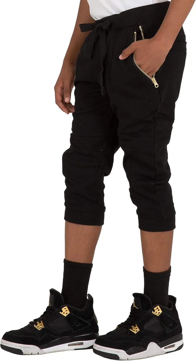 VIBES Boy's Black Jogger Capri Shorts Zipper Pockets CVC French Terry Rib Bottom