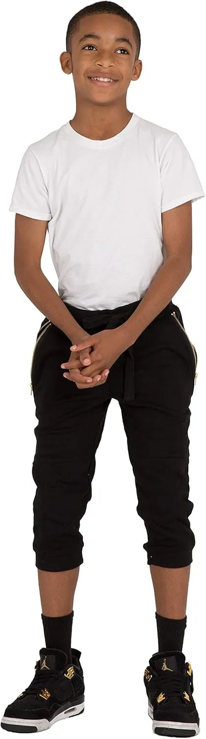 VIBES Boy's Black Jogger Capri Shorts Zipper Pockets CVC French Terry Rib Bottom
