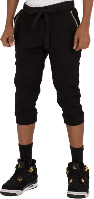 VIBES Boy's Black Jogger Capri Shorts Zipper Pockets CVC French Terry Rib Bottom
