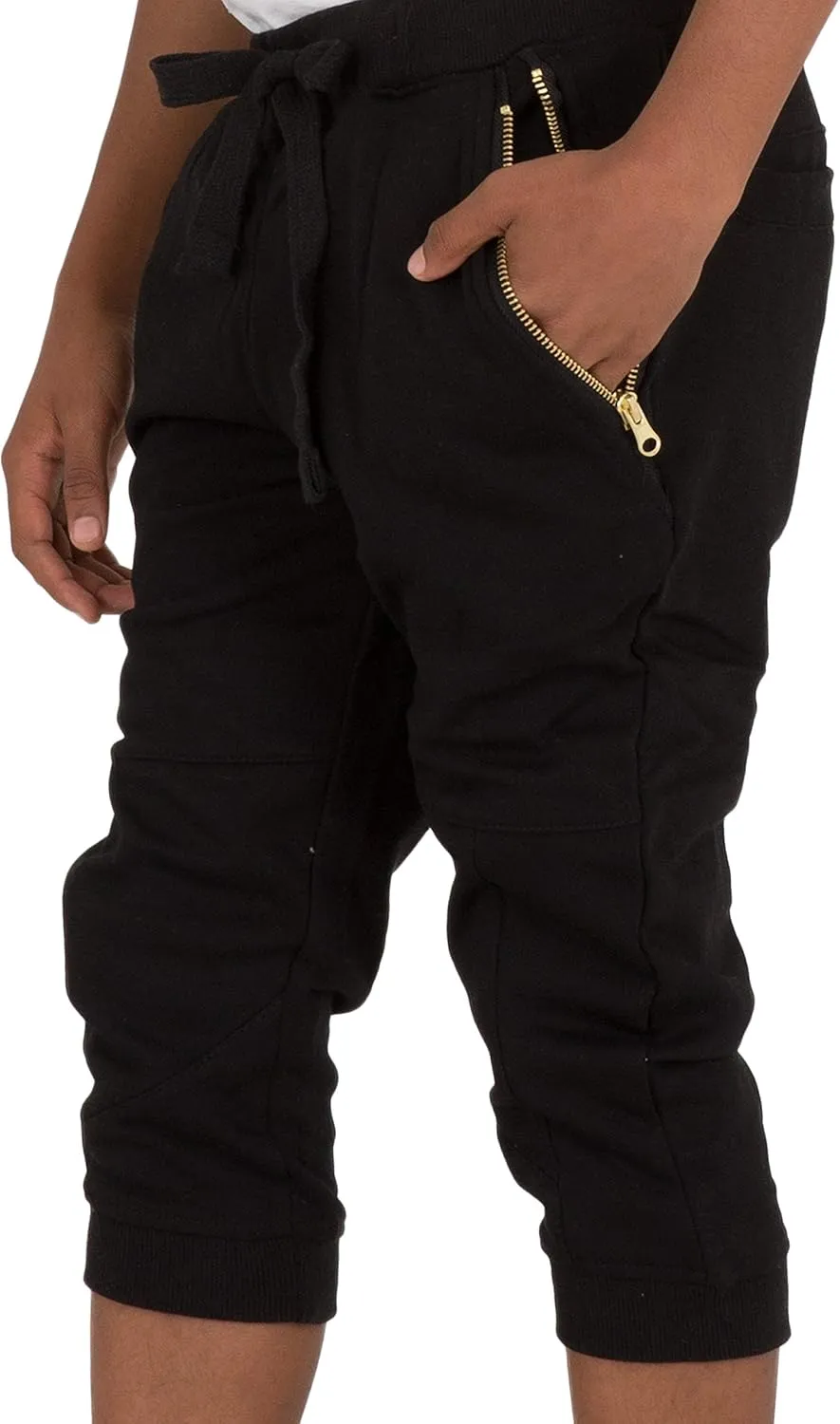 VIBES Boy's Black Jogger Capri Shorts Zipper Pockets CVC French Terry Rib Bottom