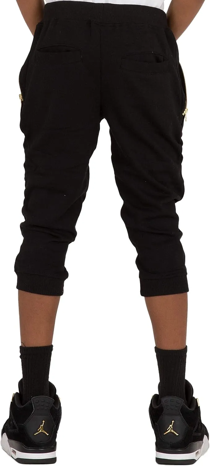 VIBES Boy's Black Jogger Capri Shorts Zipper Pockets CVC French Terry Rib Bottom