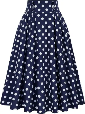Vintage Polka Dot Skirt for Women High Elastic Waist Pleated Flare Midi Long Skirt Button Party A-Line Swing Skirts