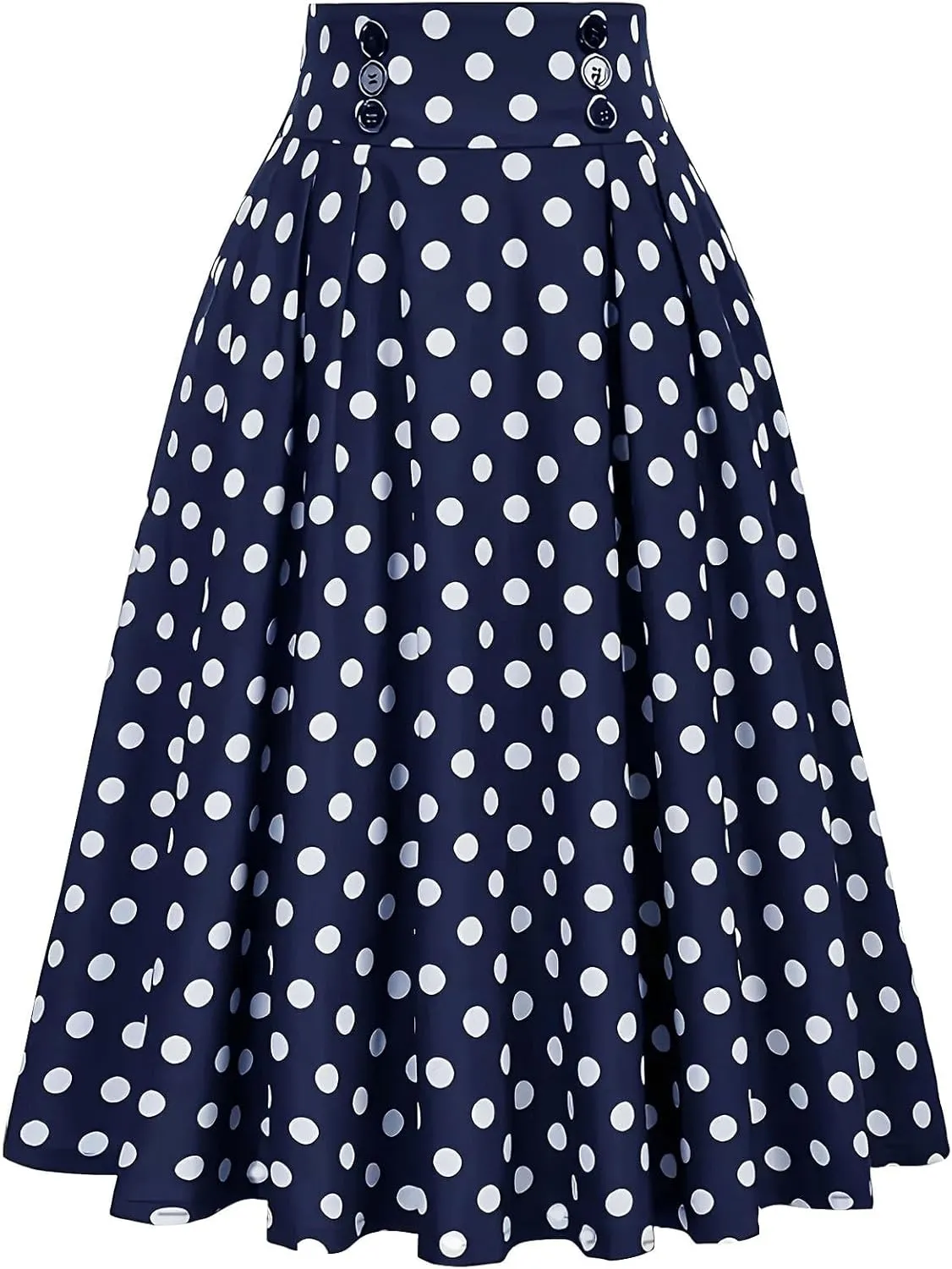 Vintage Polka Dot Skirt for Women High Elastic Waist Pleated Flare Midi Long Skirt Button Party A-Line Swing Skirts